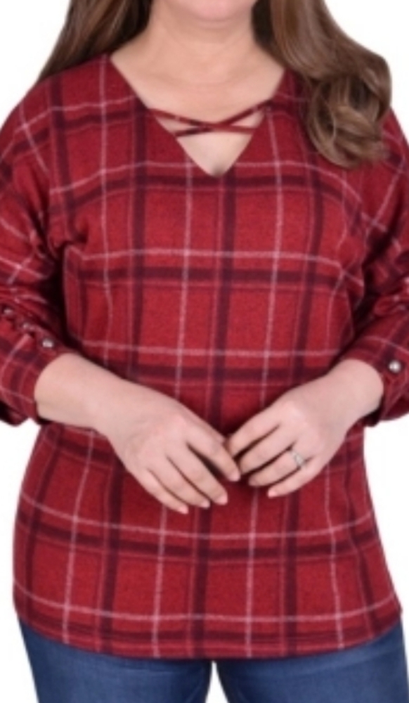 NY Collection women's plus size long sleeve  plaid top, size 1X